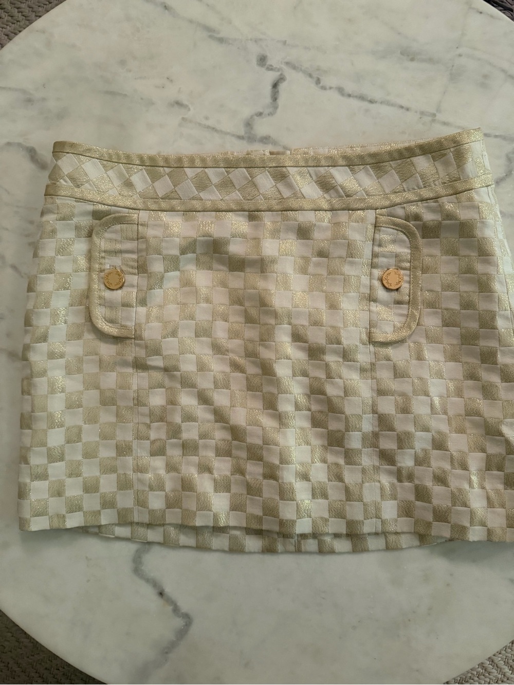 Lilly Pulitzer Tate Wright Jacquard Metallic Womens Skirt Sz 6 Gold White Party